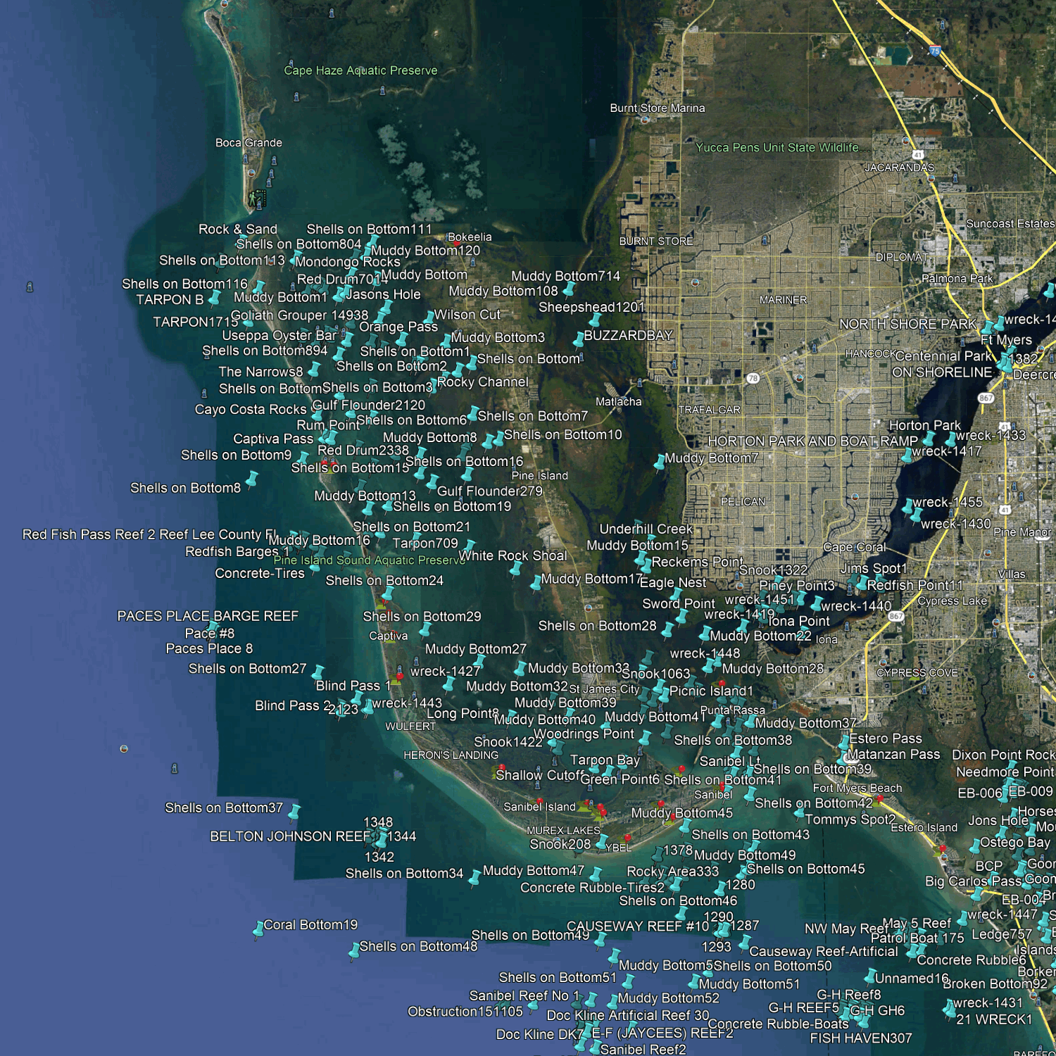 Cape Coral & Naples Fishing Spots - Coastal Near Shore GPX Fishing Numbers