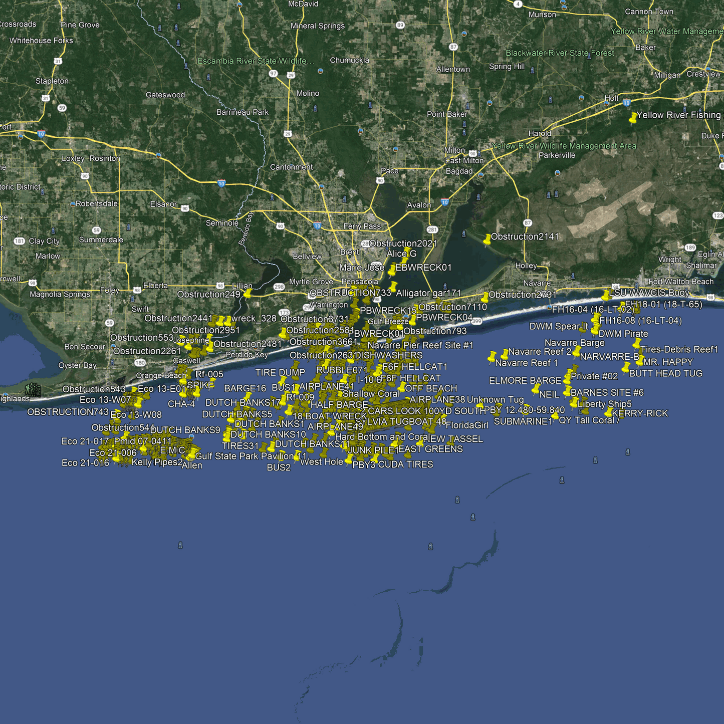 Pensacola Fishing Spots Nearshore - GPS Fishing Numbers