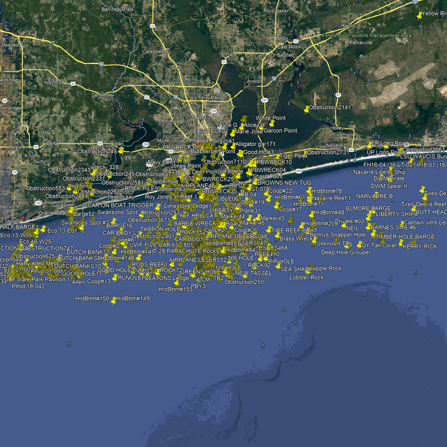 Pensacola Fishing Spots Nearshore - GPS Fishing Numbers