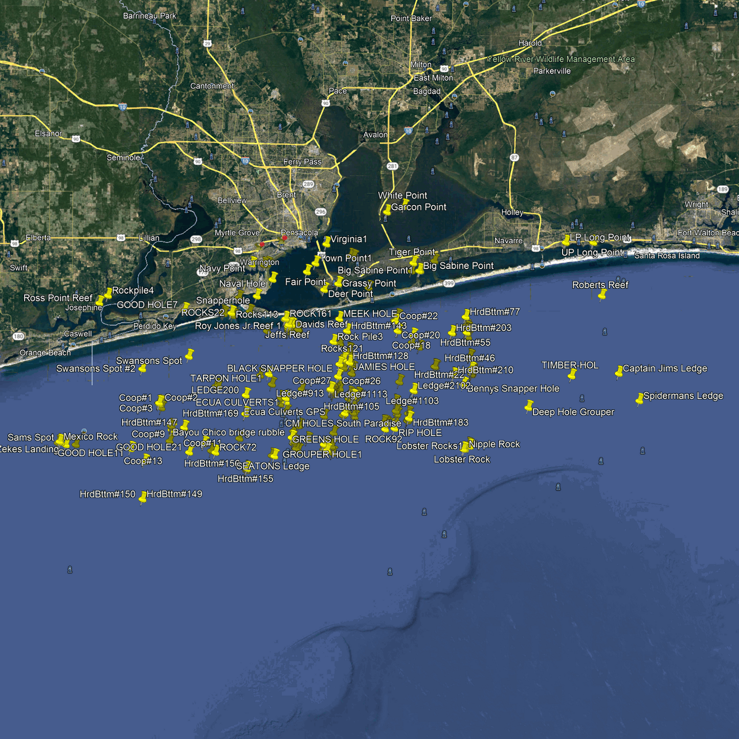 Pensacola Fishing Spots Nearshore - GPS Fishing Numbers
