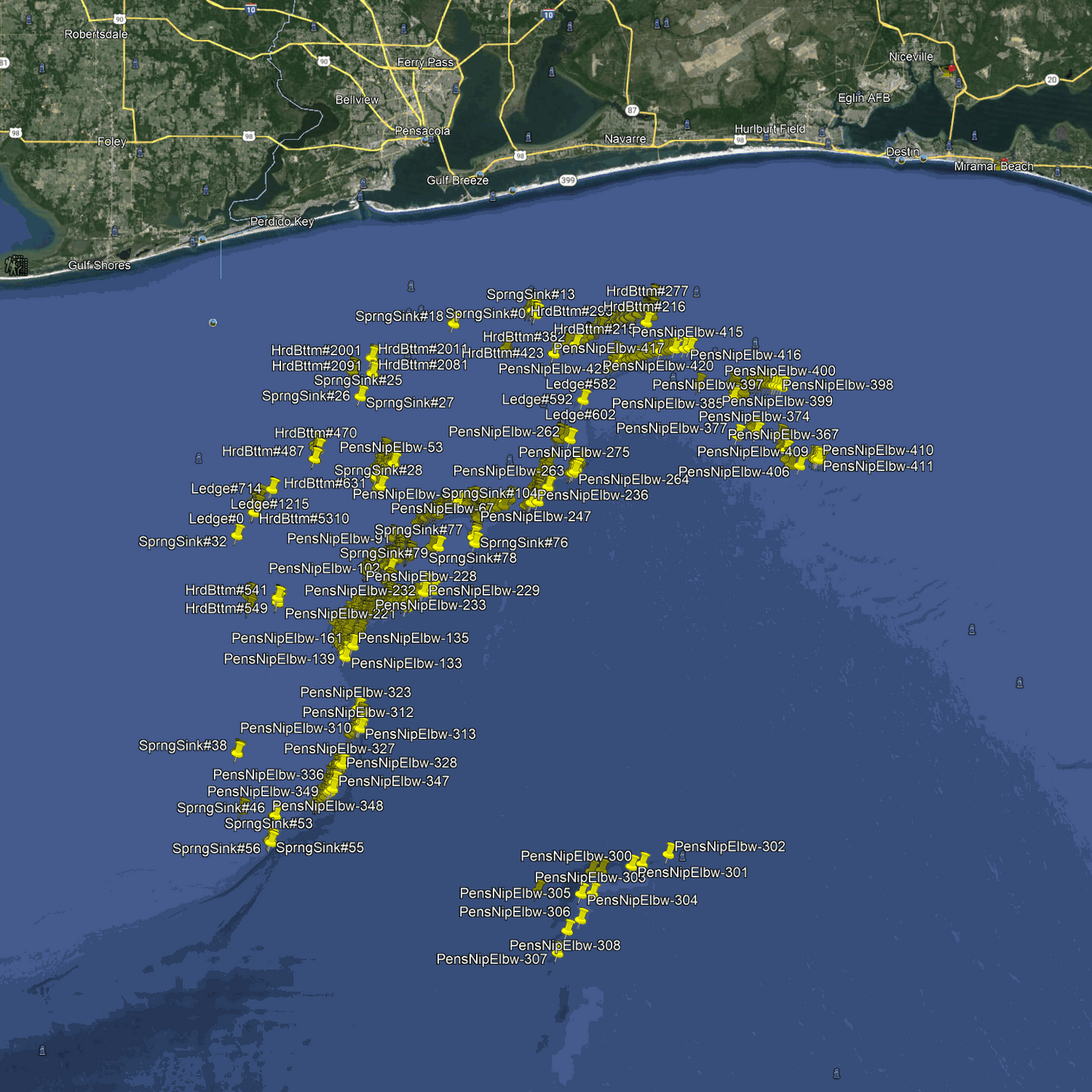 Pensacola Fishing Spots - Offshore - GPX Fishing Numbers