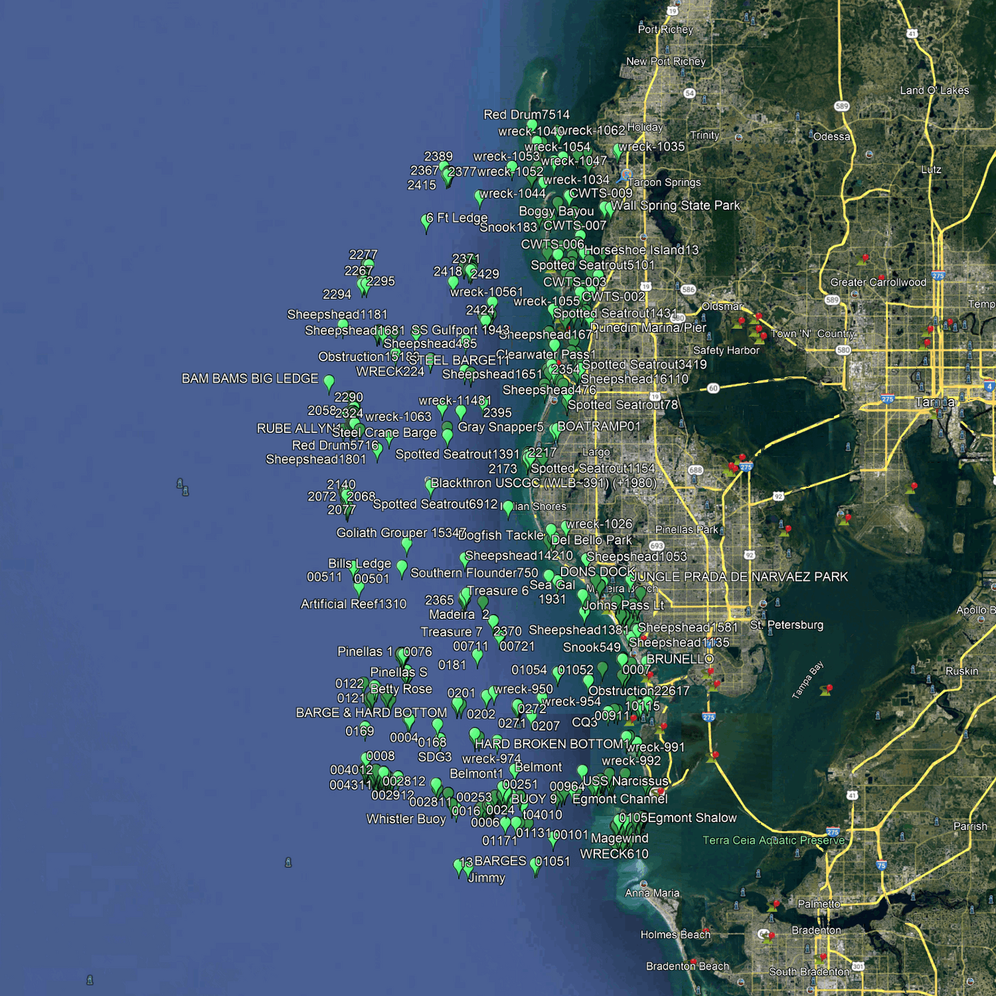 Pinellas Fishing Spots - Nearshore - GPS Fishing Numbers