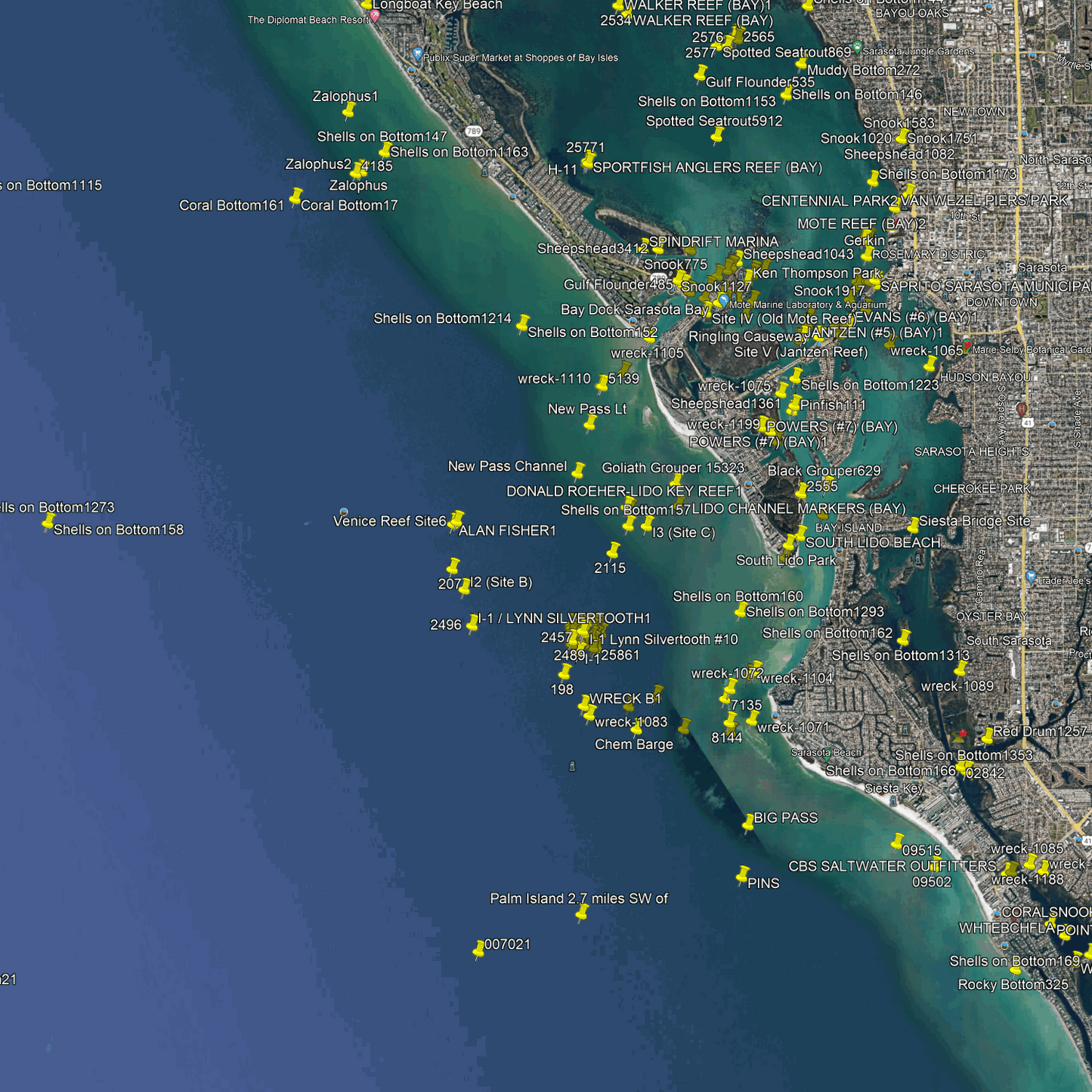 Sarasota Fishing Spots - Coastal Nearshore - GPX numbers