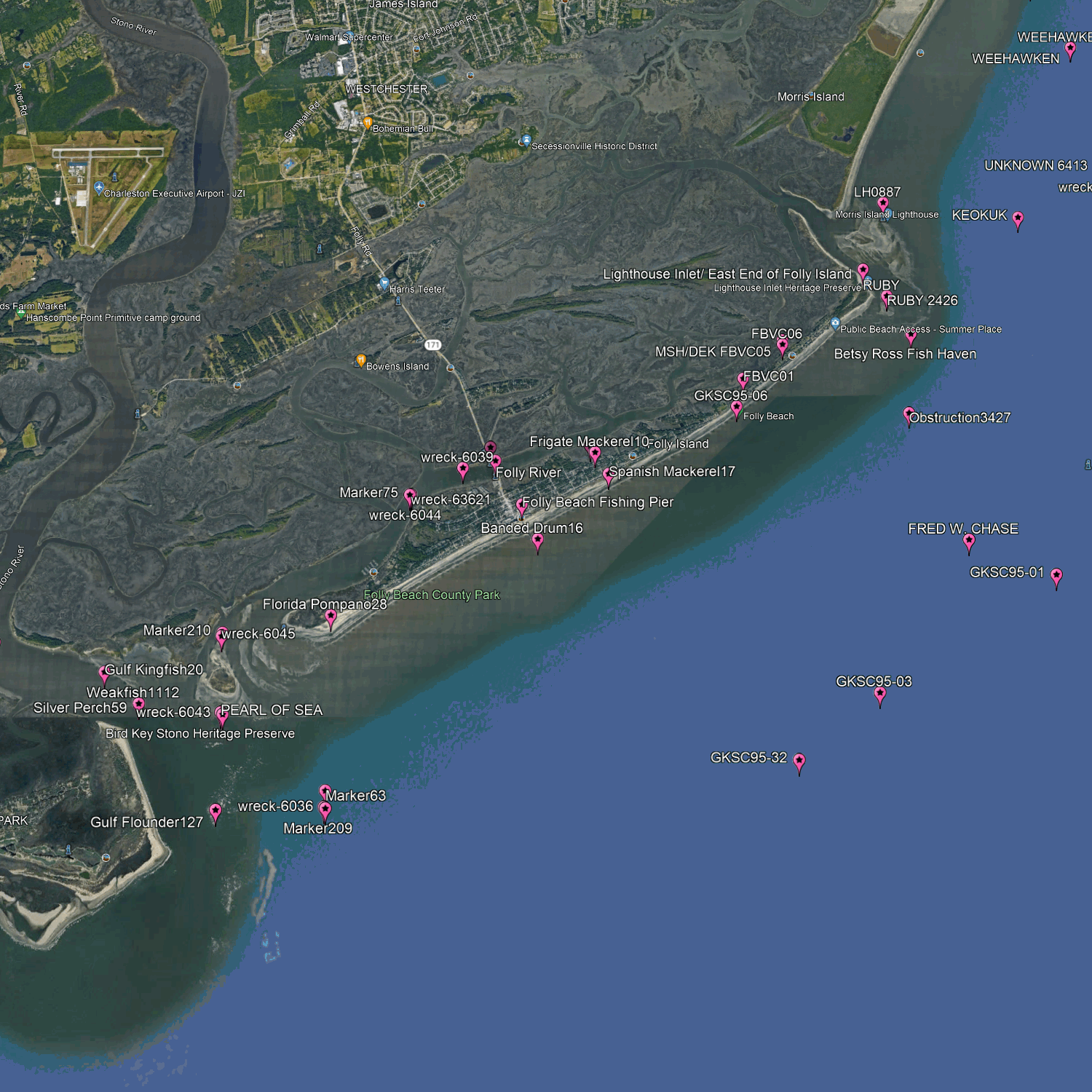 Charleston Fishing Spots - Coastal & Nearshore - GPS Fishing Numbers