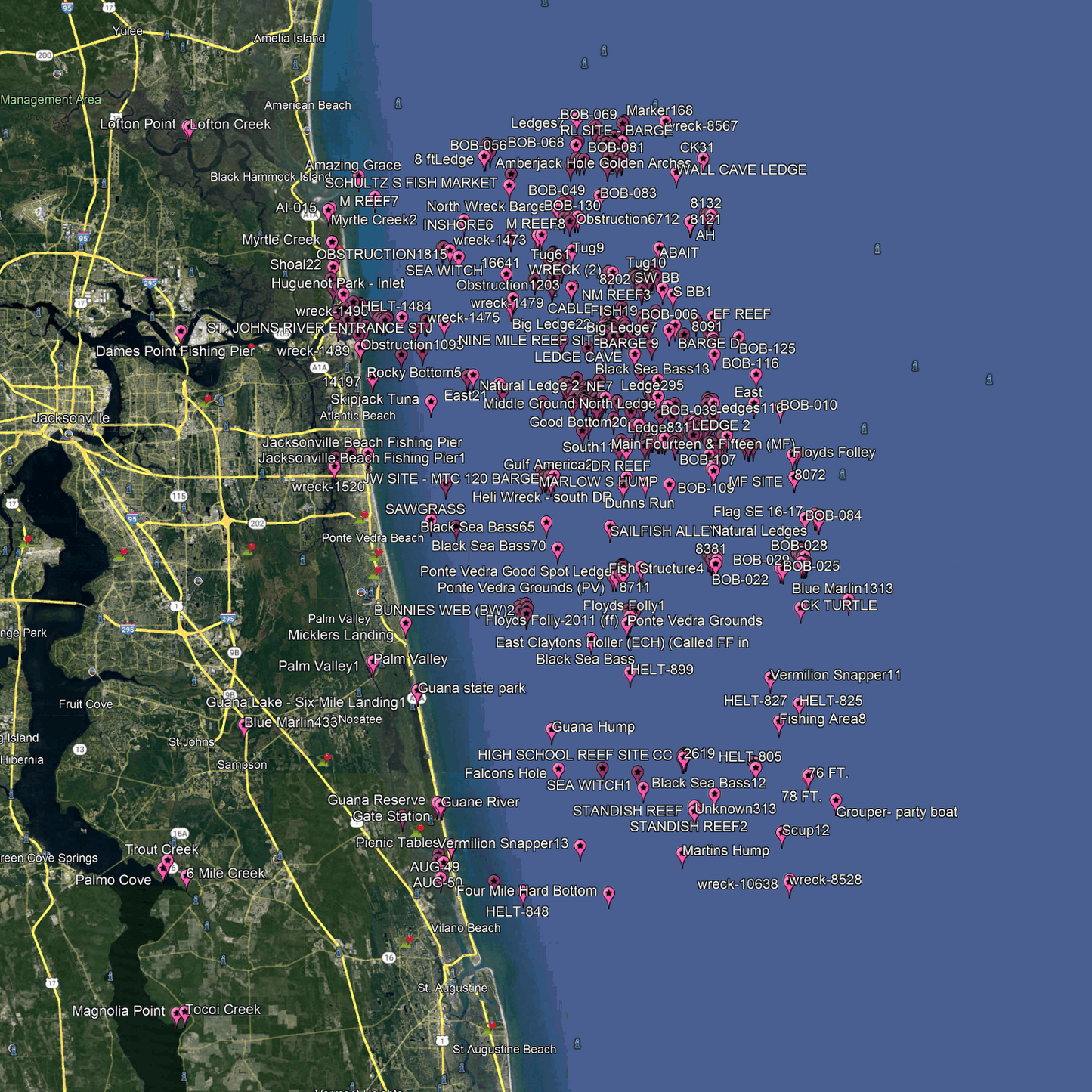 Jacksonville Fishing Spots - Coastal & Near Shore - GPX numbers