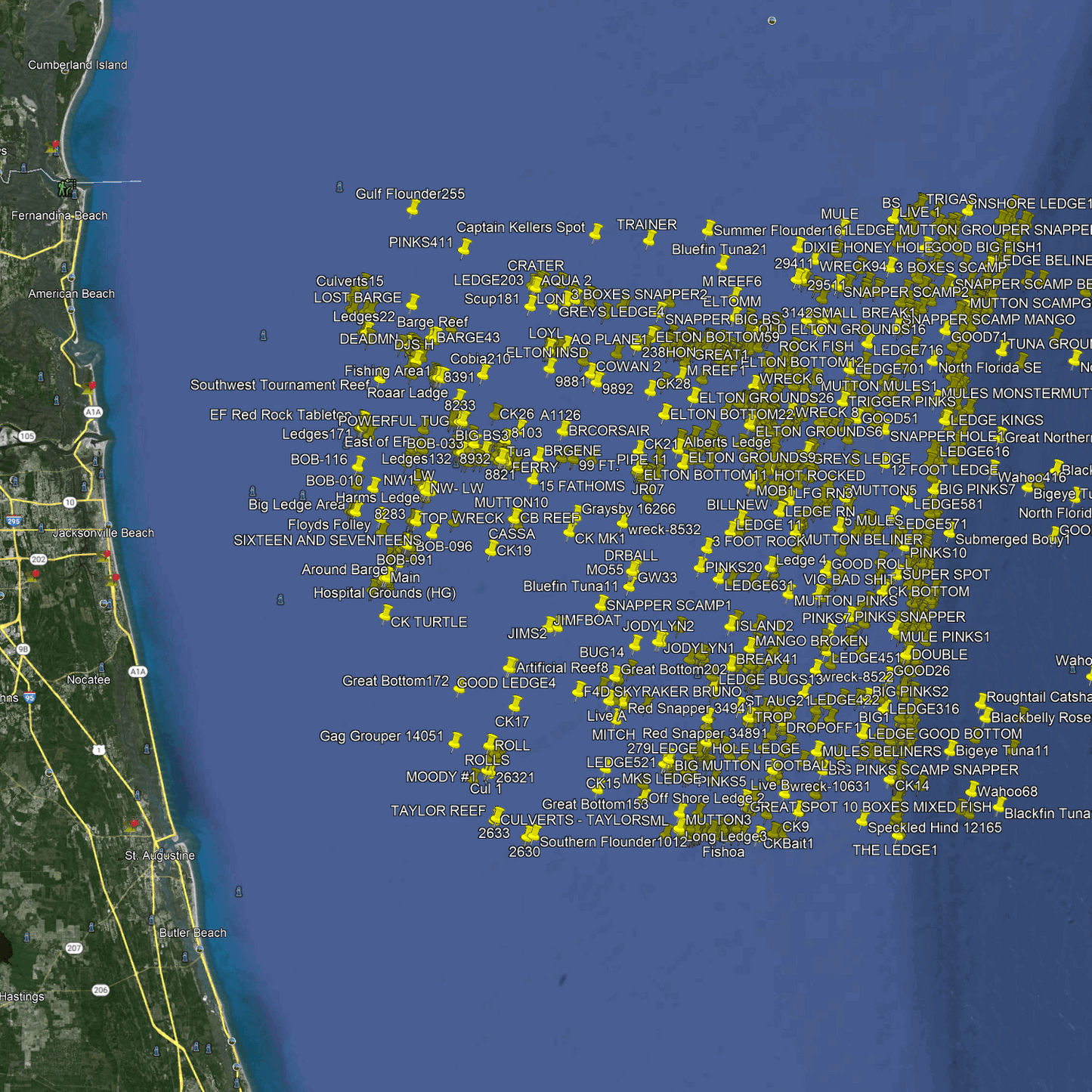 Jacksonville Fishing Spots - Offshore - GPS fishing numbers