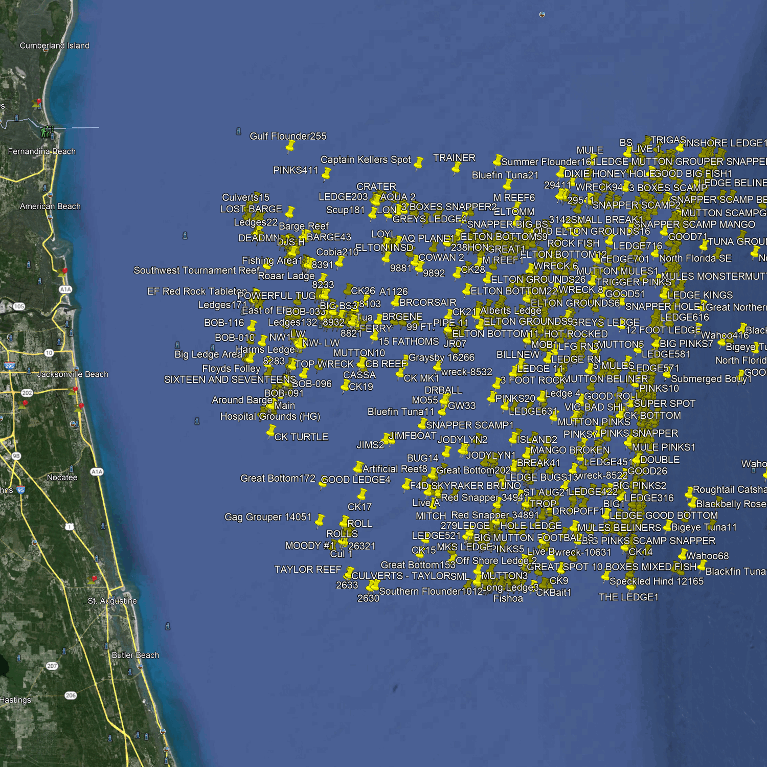 Jacksonville Fishing Spots - Offshore - GPS fishing numbers