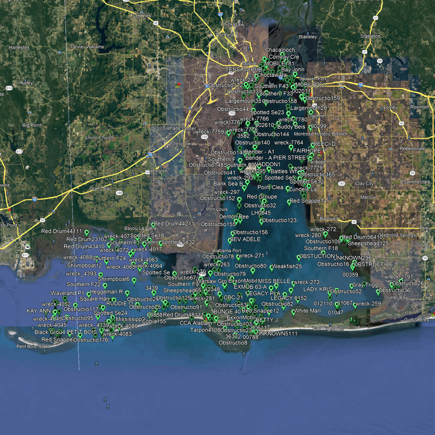 Mobile Bay Fishing Spots - GPS Fishing Numbers