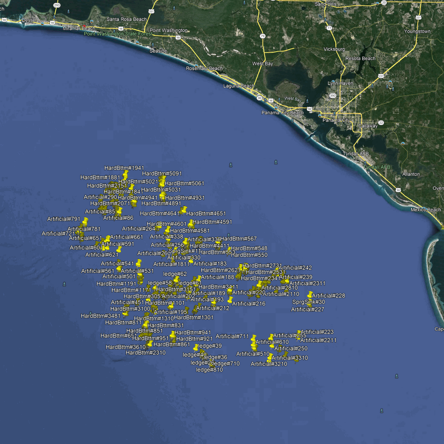 Panama City Beach Offshore Fishing Spots - GPS Fishing Numbers