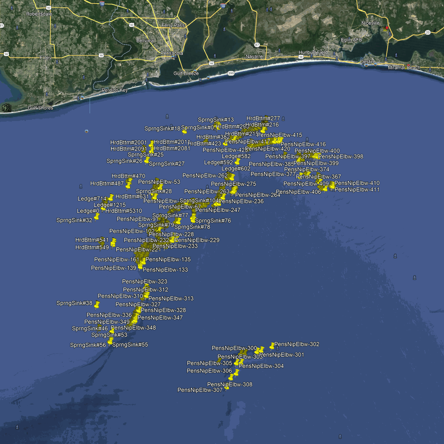 Pensacola Fishing Spots - Offshore -  GPX Fishing Numbers