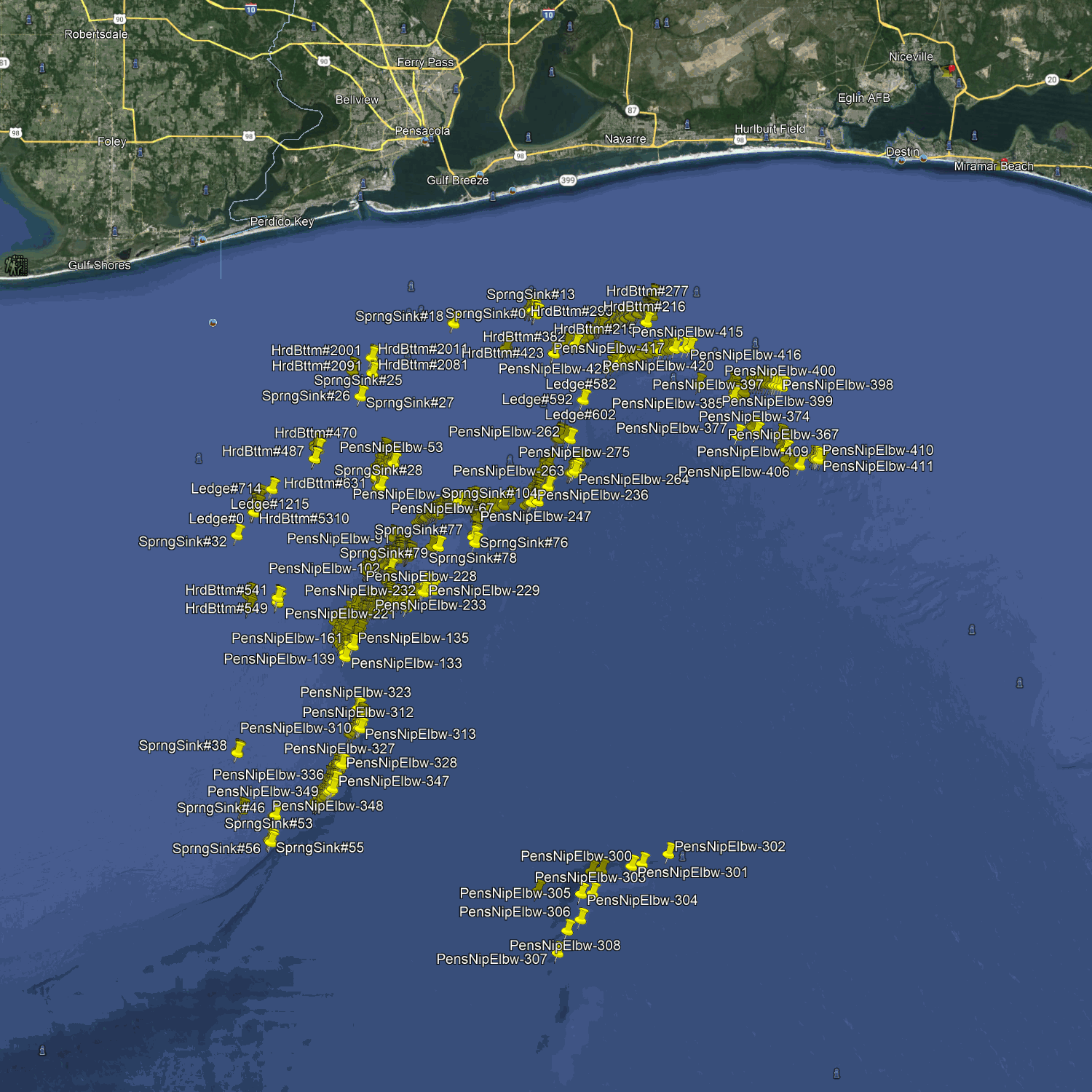 Pensacola Fishing Spots - Offshore -  GPX Fishing Numbers