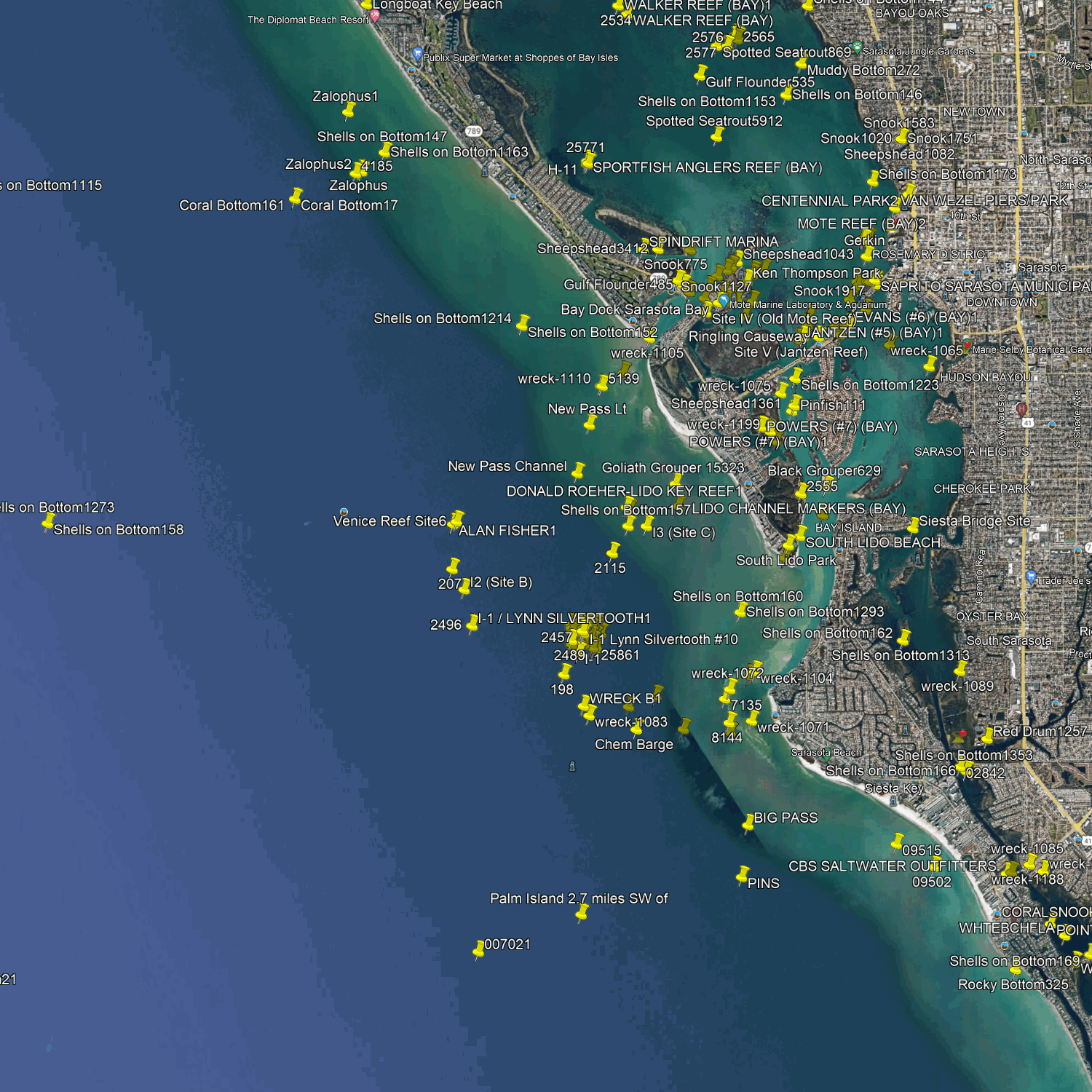 Sarasota Fishing Spots - Coastal Nearshore - GPX numbers