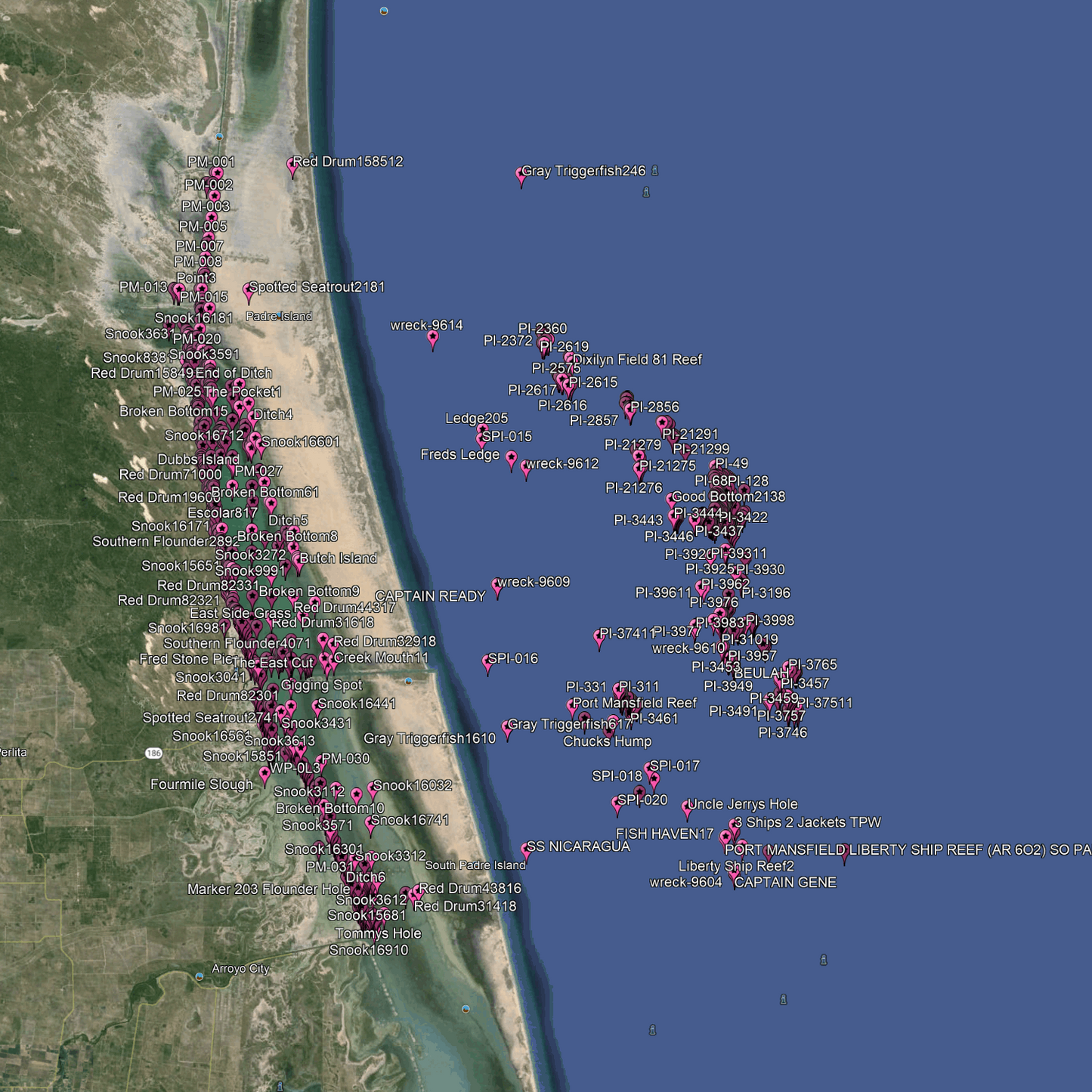 South Padre Fishing Spots - Coastal Near Shore - GPX Fishing Numbers